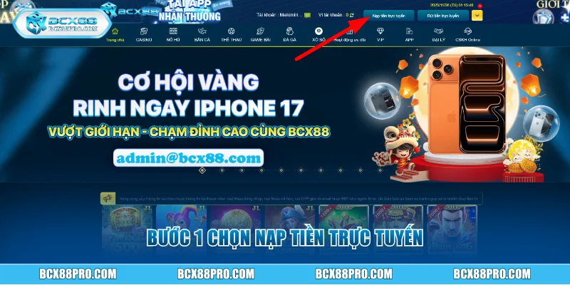 Bước 1 chọn nạp tiền trực tuyến