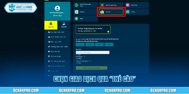 Chọn giao dịch qua thẻ cào