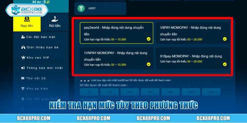 Kiểm tra hạn mức tùy theo phương thức