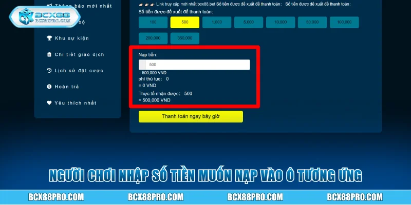 Người chơi nhập số tiền muốn nạp vào ô tương ứng