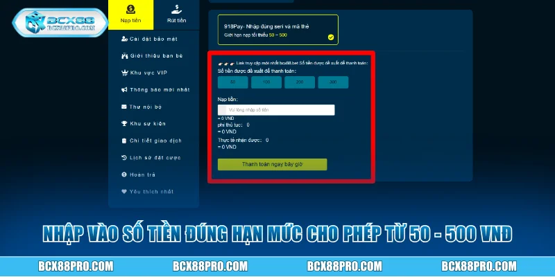 Nhập số tiền đúng hạn mức cho phép