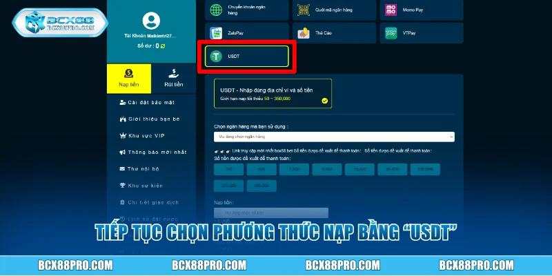 Tiếp tục chọn phương thức nạp bằng usdt